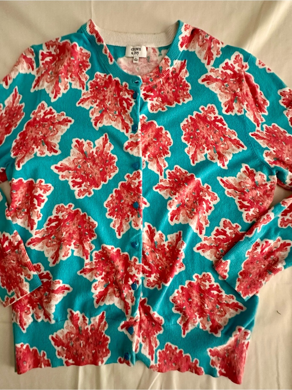 crown & ivy Turquoise Cardigan with Red Floral Print